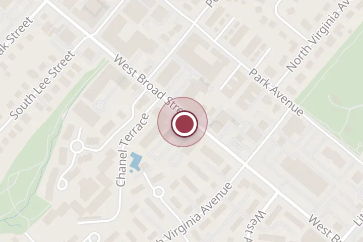 Street map around 421 W Broad St, Falls Church, with a pin at Meeting House Boutique Hotel