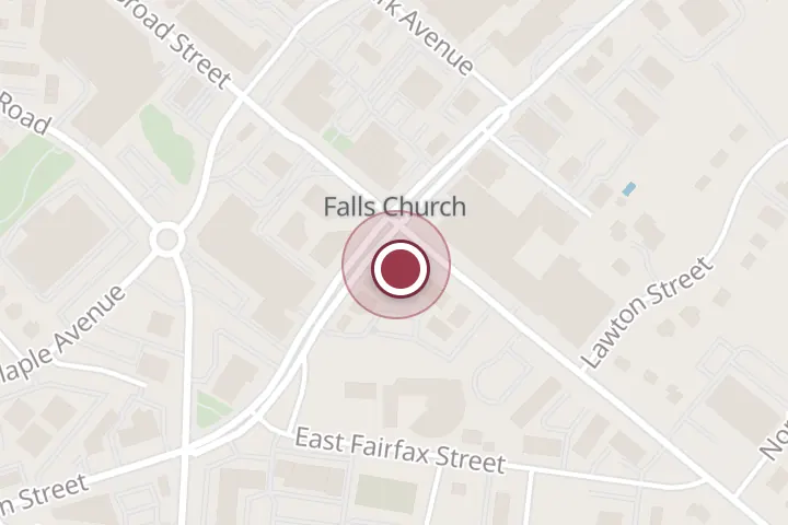 Street map around 100 E Broad St, Falls Church, with a pin at Miki For Hair