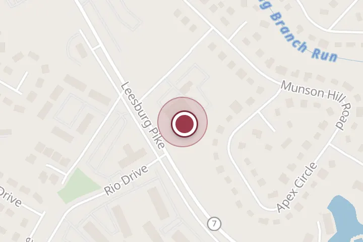 Street map around 3159 Row St, Falls Church, with a pin at Minara Cafe @ DAH