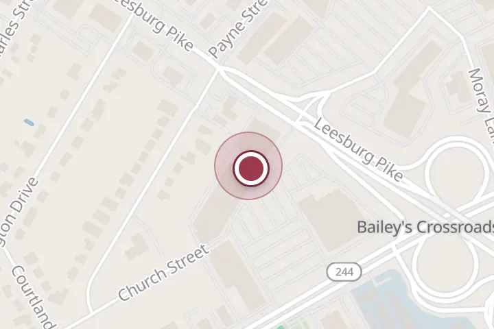 Street map around 5855 Leesburg Pike, Falls Church, with a pin at Moe's Southwest Grill