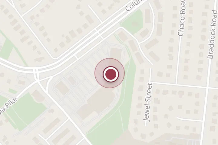 Street map around 6343E Columbia Pike, Falls Church, with a pin at MQR Cafe - Coffee & All Day Brunch