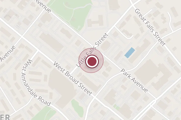 Street map around 140 Little Falls St Ste 110, Falls Church, with a pin at Nest Exteriors