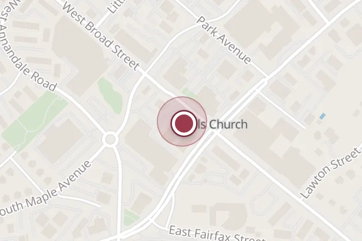 Street map around 105 W Broad St #200, Falls Church, with a pin at Next Move Nation's Capital