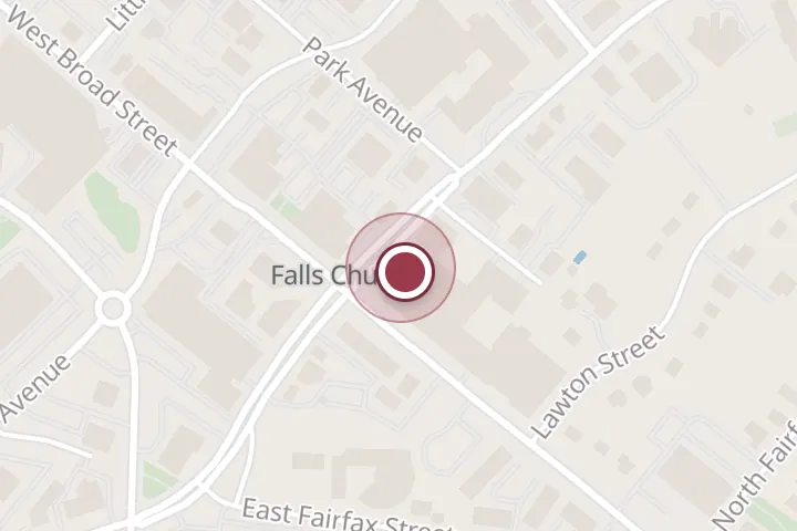 Street map around 100 N Washington St #200, Falls Church, with a pin at Nhien Lu - DC Metro Realtor
