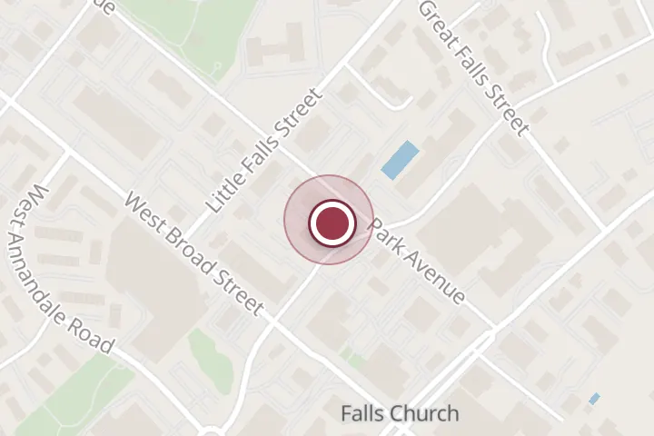 Street map around 205 Park Ave, Falls Church, with a pin at Northside Social Falls Church