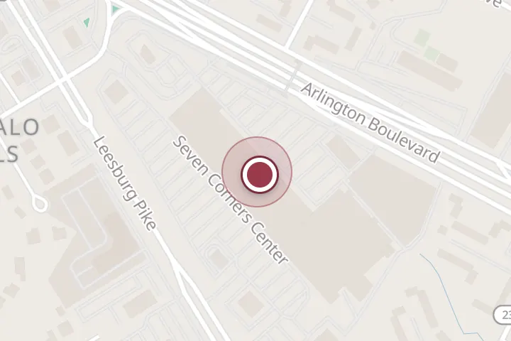 Street map around 6250 Seven Corners Center, Falls Church, with a pin at Nova Furniture Gallery