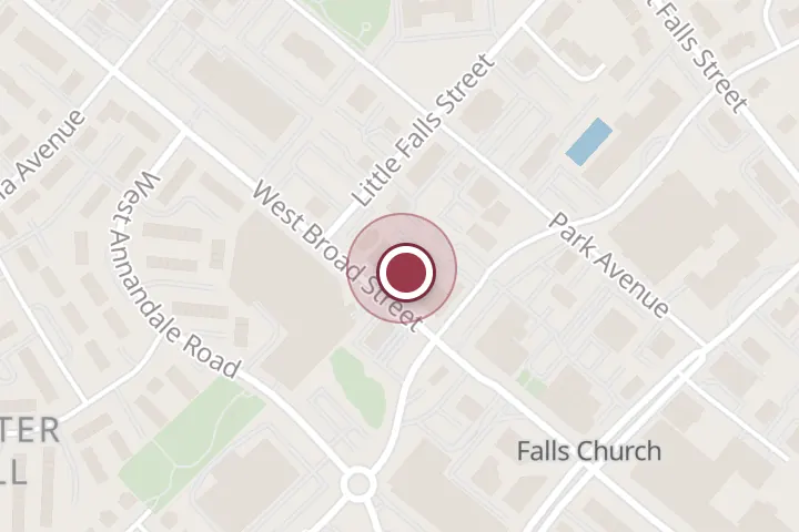 Street map around 244 W Broad St, Falls Church, with a pin at Paisano's Pizza