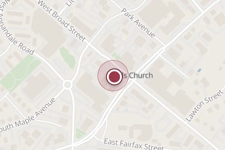 Street map around 105 W Broad St, Falls Church, with a pin at Pamela Moyers, Realtor