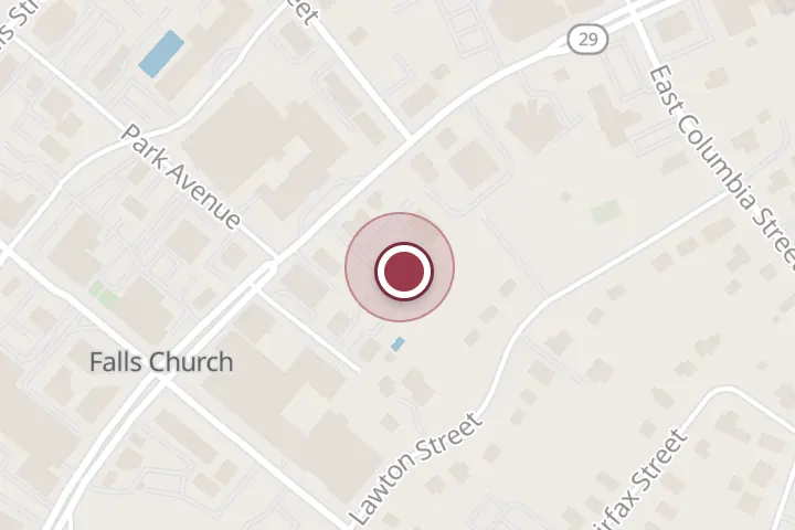 Street map around 105 Park Washington Ct, Falls Church, with a pin at Peter Coe, Lcsw