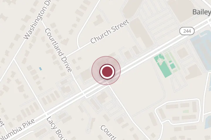 Street map around 5852 Columbia Pike, Falls Church, with a pin at Pollo Campero