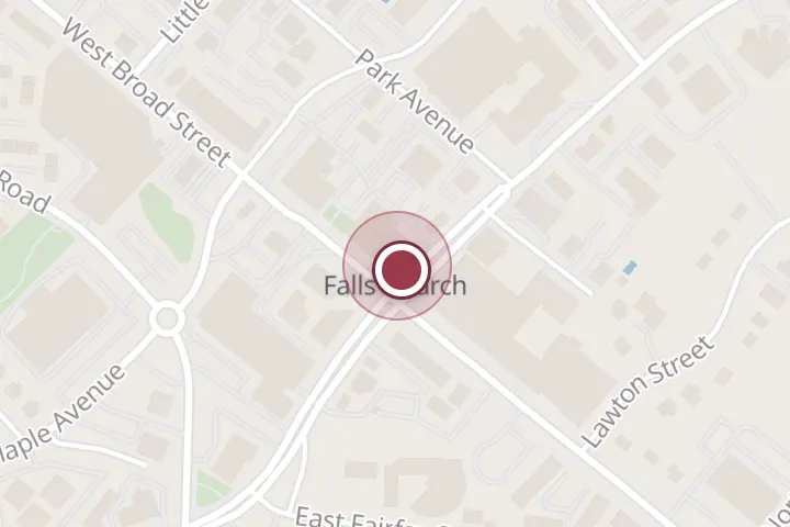 Street map around 100 W Broad St, Falls Church, with a pin at R L Brown & Sons Electricians