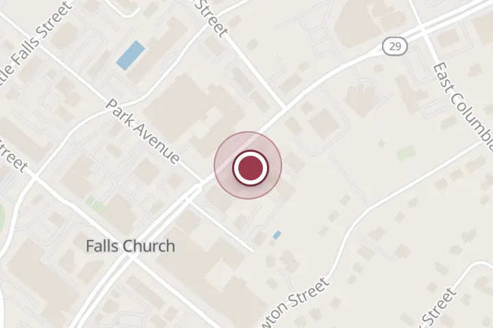Street map around 252 N Washington St, Falls Church, with a pin at Randolph Law, PLLC