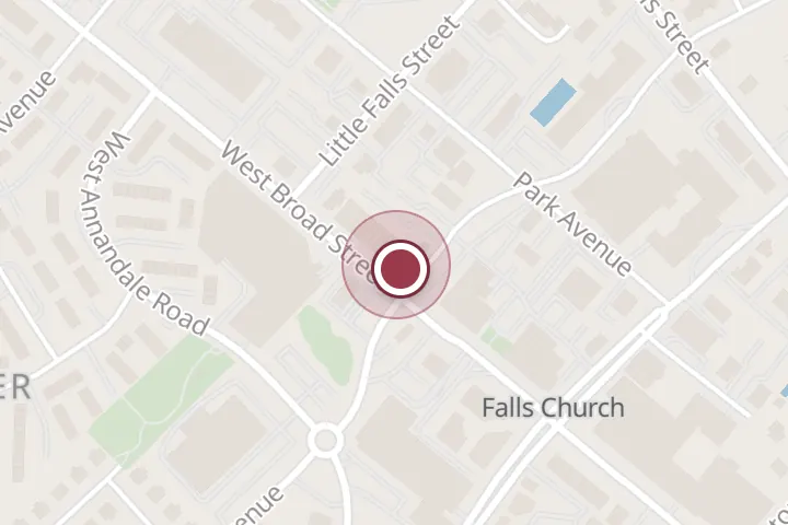 Street map around 230 W Broad St, Falls Church, with a pin at Rare Bird Coffee Roasters