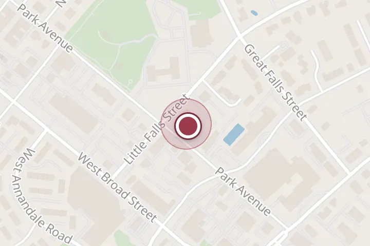 Street map around 200 Little Falls St, Falls Church, with a pin at Rolon Grau, Immigration Law Firm, PLC