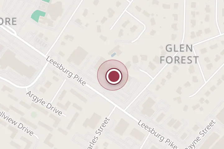 Street map around 5900-B Leesburg Pike, Falls Church, with a pin at San Miguel Cafe