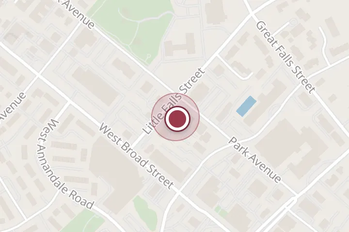 Street map around 150 Little Falls St #205, Falls Church, with a pin at Sarah Cassou, DC