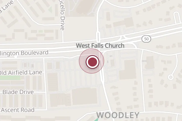 Street map around 7233 Arlington Blvd, Falls Church, with a pin at Shah's Automotive