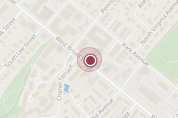 Street map around 444 W Broad St, Falls Church, with a pin at Solace Outpost