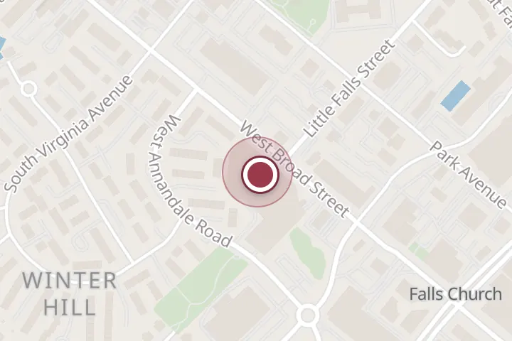 Street map around 301 W Broad St, Falls Church, with a pin at Starbucks