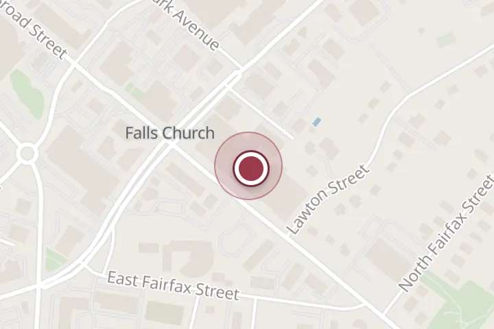 Street map around 111 E Broad St, Falls Church, with a pin at stitched