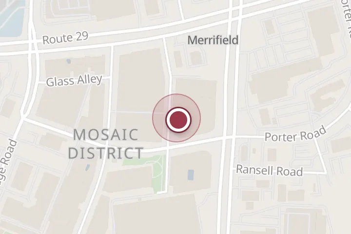 Street map around 8190 Strawberry Ln Suite 5, Falls Church, with a pin at TE'AMO Boba & Desserts - Mosaic District