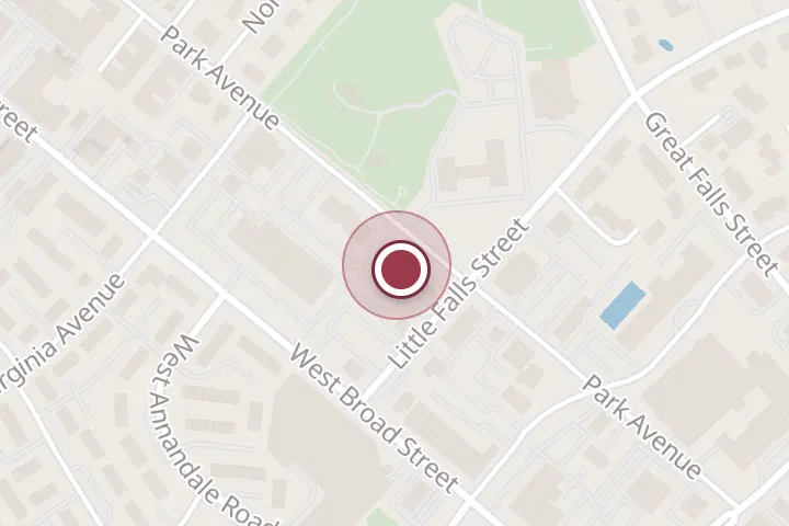 Street map around 311 Park Ave, Falls Church, with a pin at Thai Traditional Bodywork and Yoga
