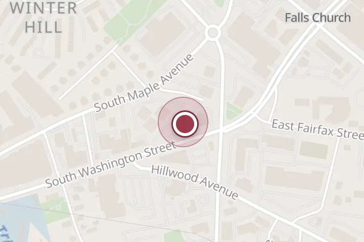 Street map around 336 S Washington St, Falls Church, with a pin at THCF