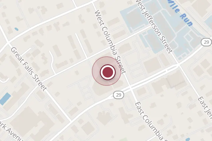 Street map around 103 W Columbia St, Falls Church, with a pin at The Cafe at Columbia