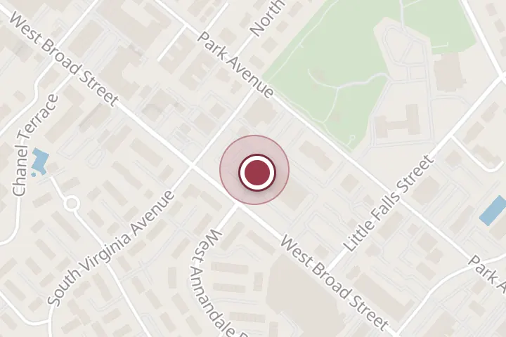 Street map around 370 W Broad St, Falls Church, with a pin at The Falls