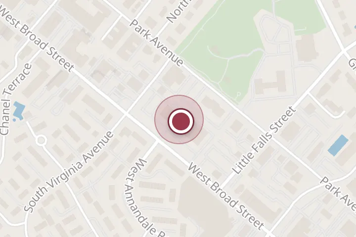 Street map around 360 W Broad St, Falls Church, with a pin at The Honey Baked Ham Company