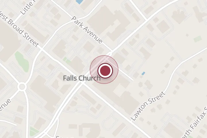 Street map around 124 N Washington St, Falls Church, with a pin at Thompson Italian