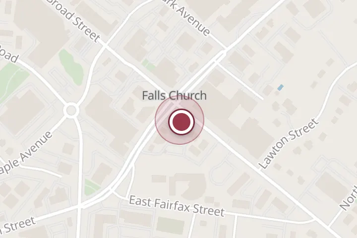 Street map around 112 E Broad St Suite 112B, Falls Church, with a pin at TopShotPro