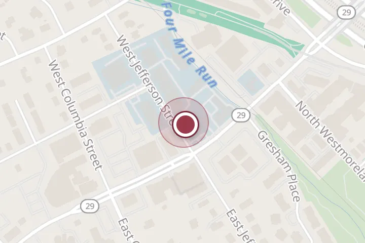 Street map around 100 W Jefferson St #202, Falls Church, with a pin at Transparent Trades