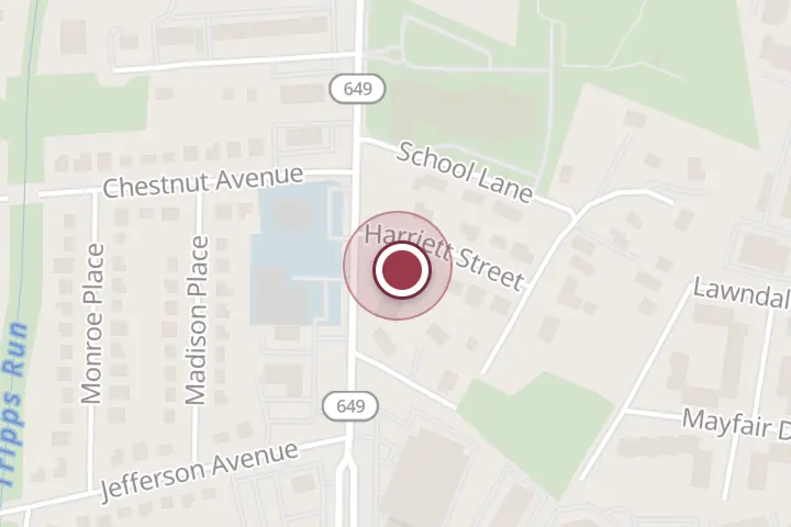 Street map around 6645 Harriett St, Falls Church, with a pin at Tub Therapy