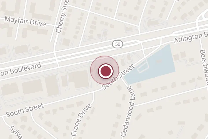 Street map around 6521 Arlington Blvd #505, Falls Church, with a pin at Tysons Mechanical