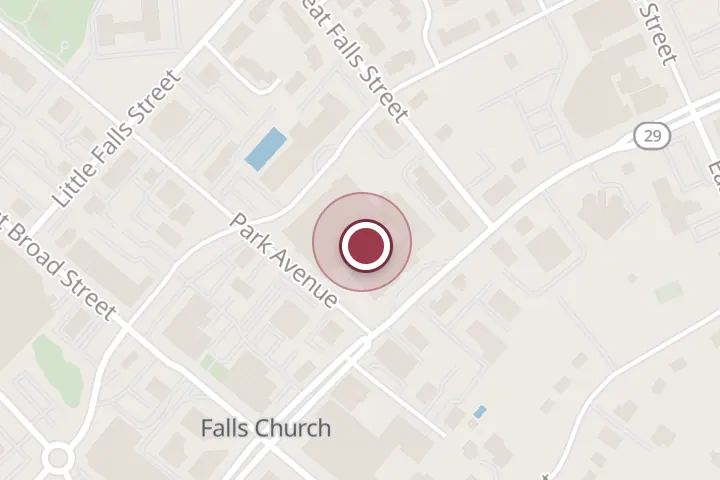 Street map around 201 N Washington St, Falls Church, with a pin at Vu T Nguyen M.D. | Kaiser Permanente