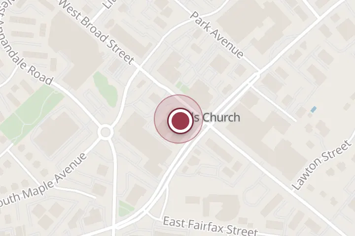Street map around 105 W Broad St, Falls Church, with a pin at Wadsworth Realty Group