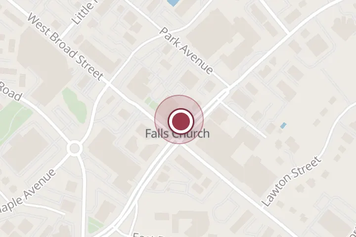 Street map around 100 W Broad St, Falls Church, with a pin at Wonder Falls Church