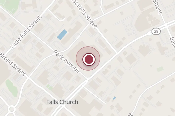 Street map around 201 N Washington St, Falls Church, with a pin at Yu S Kim M.D. | Kaiser Permanente