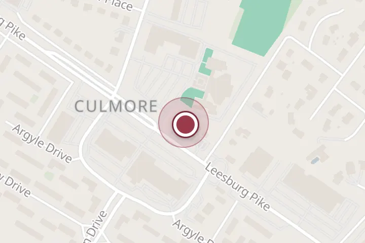 Street map around 6020 Leesburg Pike, Falls Church, with a pin at Zaaki Catering