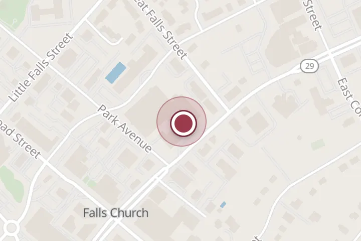 Street map around 201 N Washington St, Falls Church, with a pin at Zarick Pamela P MD